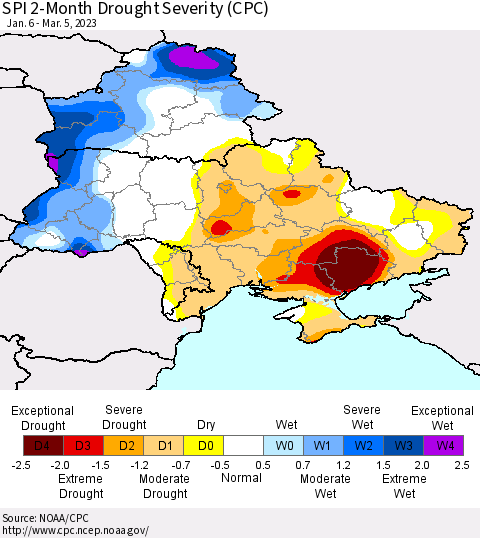 Ukraine, Moldova and Belarus SPI 2-Month Drought Severity (CPC) Thematic Map For 1/6/2023 - 3/5/2023