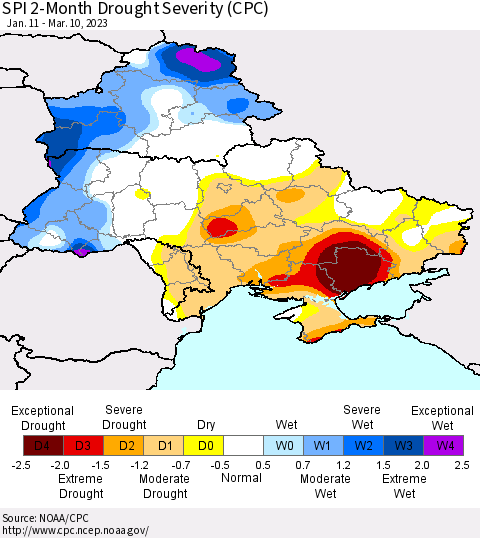 Ukraine, Moldova and Belarus SPI 2-Month Drought Severity (CPC) Thematic Map For 1/11/2023 - 3/10/2023