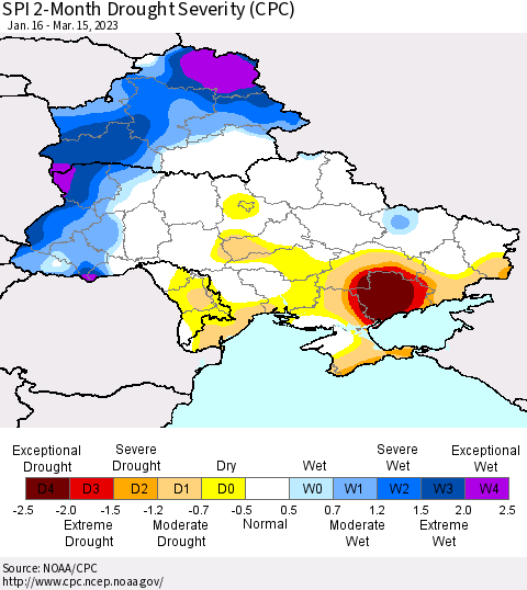 Ukraine, Moldova and Belarus SPI 2-Month Drought Severity (CPC) Thematic Map For 1/16/2023 - 3/15/2023