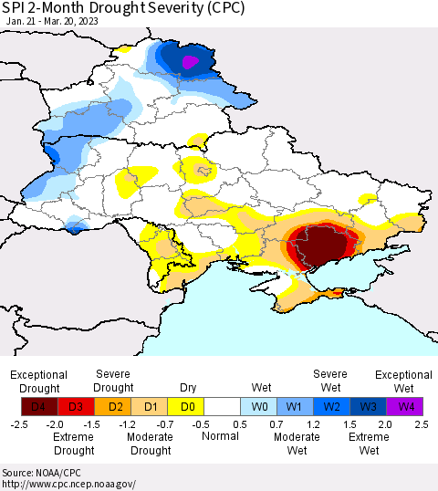 Ukraine, Moldova and Belarus SPI 2-Month Drought Severity (CPC) Thematic Map For 1/21/2023 - 3/20/2023