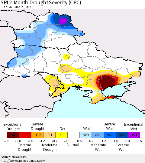 Ukraine, Moldova and Belarus SPI 2-Month Drought Severity (CPC) Thematic Map For 1/26/2023 - 3/25/2023