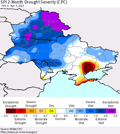 Ukraine, Moldova and Belarus SPI 2-Month Drought Severity (CPC) Thematic Map For 2/6/2023 - 4/5/2023