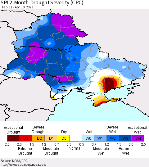Ukraine, Moldova and Belarus SPI 2-Month Drought Severity (CPC) Thematic Map For 2/11/2023 - 4/10/2023
