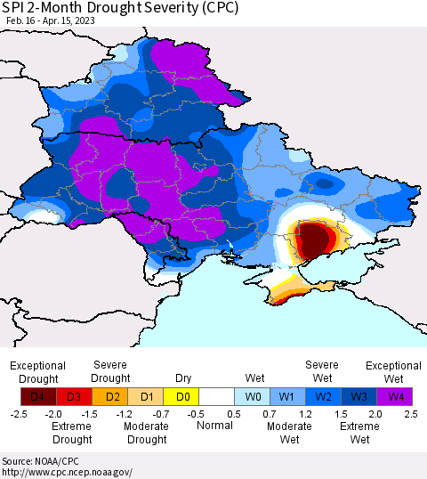 Ukraine, Moldova and Belarus SPI 2-Month Drought Severity (CPC) Thematic Map For 2/16/2023 - 4/15/2023