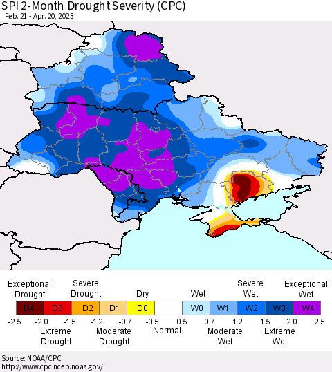 Ukraine, Moldova and Belarus SPI 2-Month Drought Severity (CPC) Thematic Map For 2/21/2023 - 4/20/2023