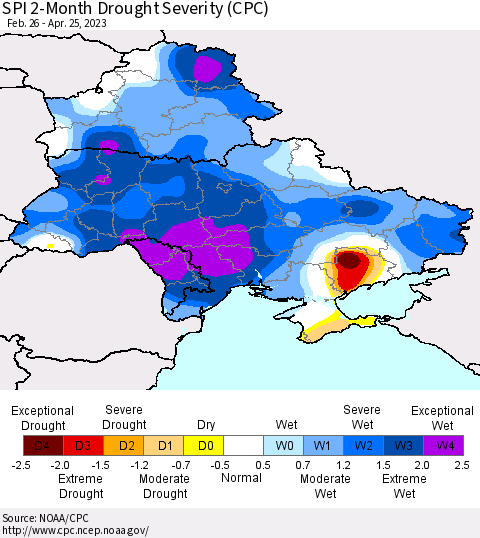 Ukraine, Moldova and Belarus SPI 2-Month Drought Severity (CPC) Thematic Map For 2/26/2023 - 4/25/2023