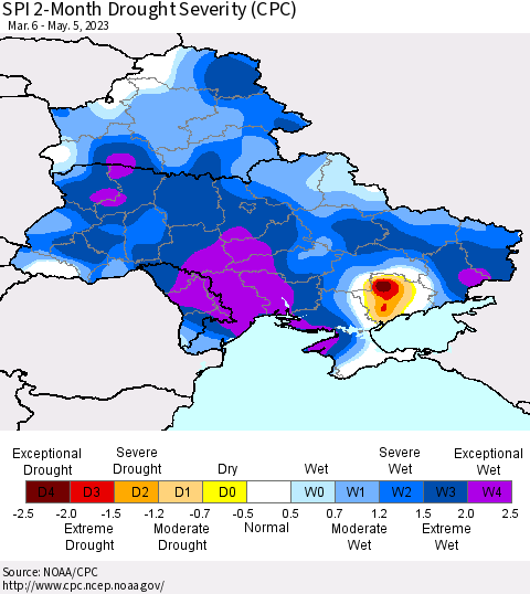 Ukraine, Moldova and Belarus SPI 2-Month Drought Severity (CPC) Thematic Map For 3/6/2023 - 5/5/2023