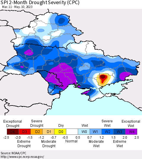 Ukraine, Moldova and Belarus SPI 2-Month Drought Severity (CPC) Thematic Map For 3/11/2023 - 5/10/2023