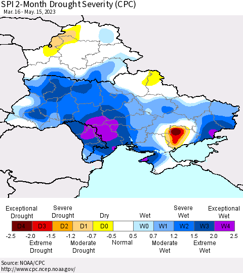 Ukraine, Moldova and Belarus SPI 2-Month Drought Severity (CPC) Thematic Map For 3/16/2023 - 5/15/2023