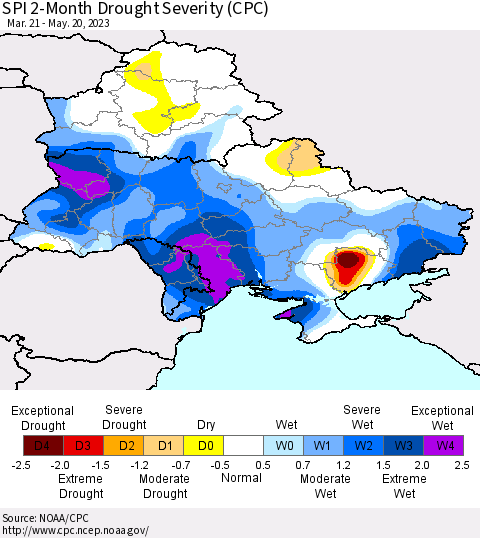 Ukraine, Moldova and Belarus SPI 2-Month Drought Severity (CPC) Thematic Map For 3/21/2023 - 5/20/2023