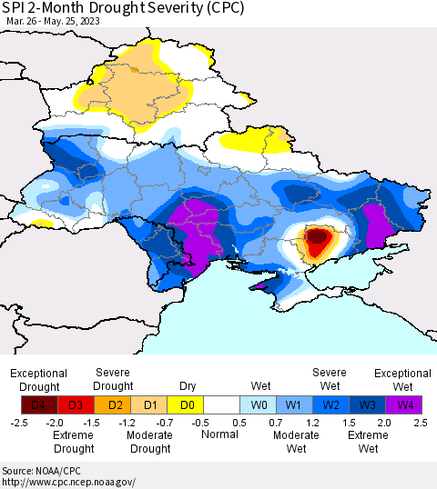 Ukraine, Moldova and Belarus SPI 2-Month Drought Severity (CPC) Thematic Map For 3/26/2023 - 5/25/2023