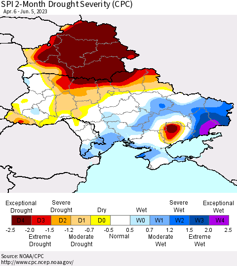 Ukraine, Moldova and Belarus SPI 2-Month Drought Severity (CPC) Thematic Map For 4/6/2023 - 6/5/2023