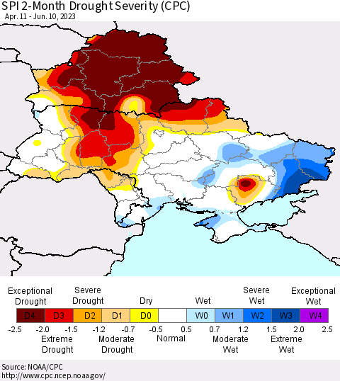 Ukraine, Moldova and Belarus SPI 2-Month Drought Severity (CPC) Thematic Map For 4/11/2023 - 6/10/2023