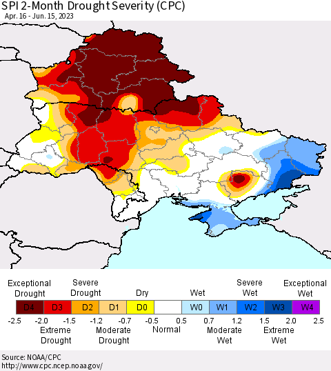 Ukraine, Moldova and Belarus SPI 2-Month Drought Severity (CPC) Thematic Map For 4/16/2023 - 6/15/2023