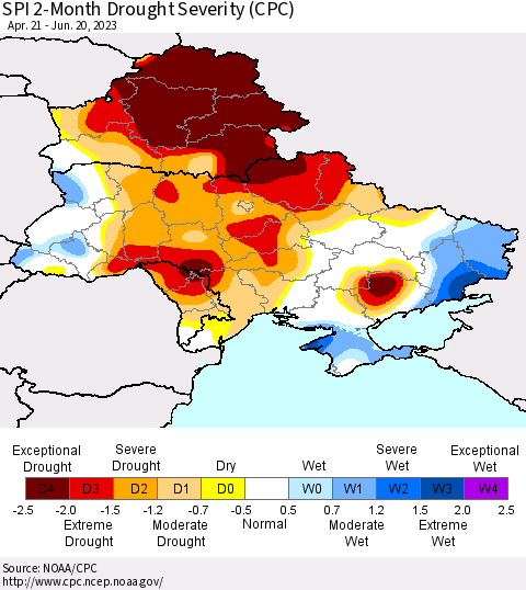 Ukraine, Moldova and Belarus SPI 2-Month Drought Severity (CPC) Thematic Map For 4/21/2023 - 6/20/2023