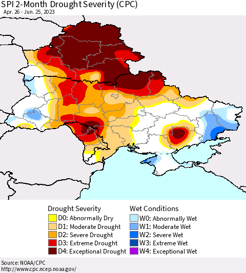 Ukraine, Moldova and Belarus SPI 2-Month Drought Severity (CPC) Thematic Map For 4/26/2023 - 6/25/2023