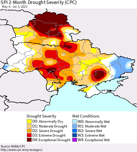 Ukraine, Moldova and Belarus SPI 2-Month Drought Severity (CPC) Thematic Map For 5/6/2023 - 7/5/2023