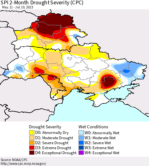 Ukraine, Moldova and Belarus SPI 2-Month Drought Severity (CPC) Thematic Map For 5/11/2023 - 7/10/2023