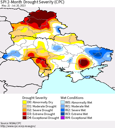 Ukraine, Moldova and Belarus SPI 2-Month Drought Severity (CPC) Thematic Map For 5/21/2023 - 7/20/2023