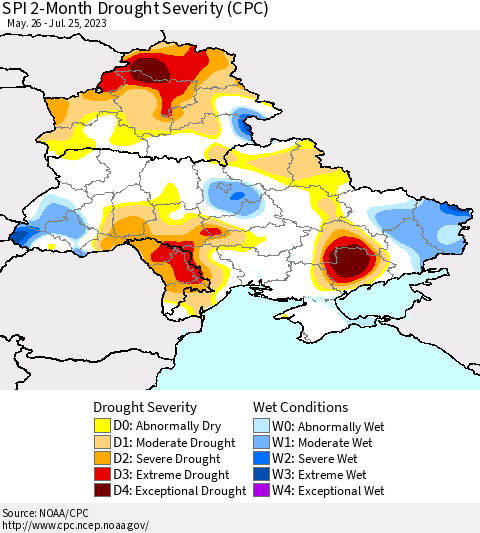 Ukraine, Moldova and Belarus SPI 2-Month Drought Severity (CPC) Thematic Map For 5/26/2023 - 7/25/2023