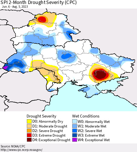 Ukraine, Moldova and Belarus SPI 2-Month Drought Severity (CPC) Thematic Map For 6/6/2023 - 8/5/2023