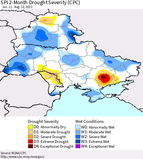 Ukraine, Moldova and Belarus SPI 2-Month Drought Severity (CPC) Thematic Map For 6/11/2023 - 8/10/2023