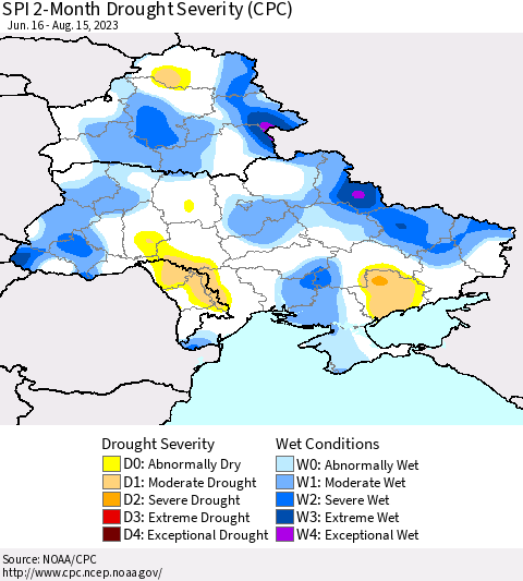 Ukraine, Moldova and Belarus SPI 2-Month Drought Severity (CPC) Thematic Map For 6/16/2023 - 8/15/2023