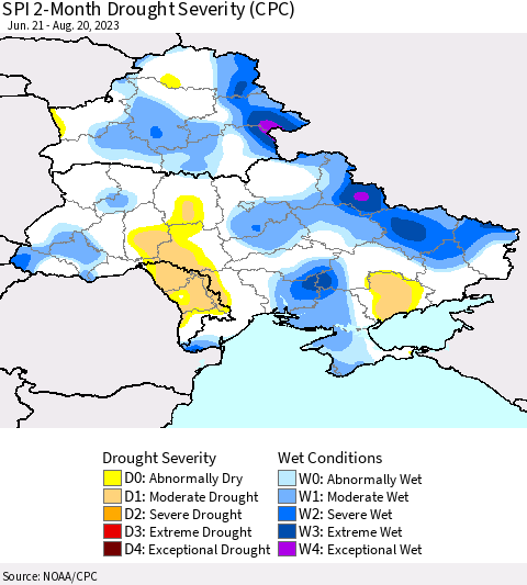 Ukraine, Moldova and Belarus SPI 2-Month Drought Severity (CPC) Thematic Map For 6/21/2023 - 8/20/2023