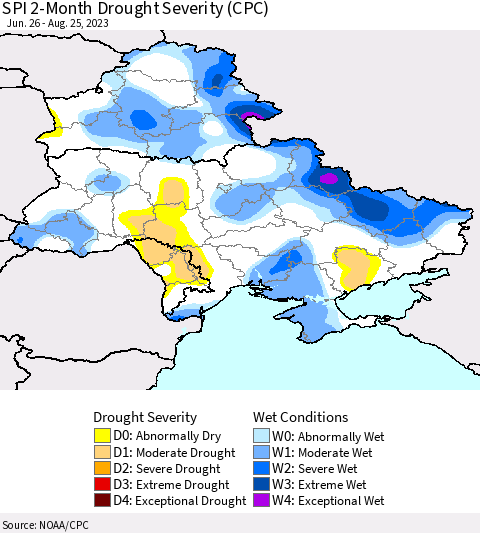 Ukraine, Moldova and Belarus SPI 2-Month Drought Severity (CPC) Thematic Map For 6/26/2023 - 8/25/2023