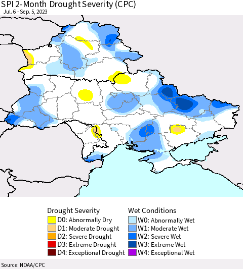 Ukraine, Moldova and Belarus SPI 2-Month Drought Severity (CPC) Thematic Map For 7/6/2023 - 9/5/2023