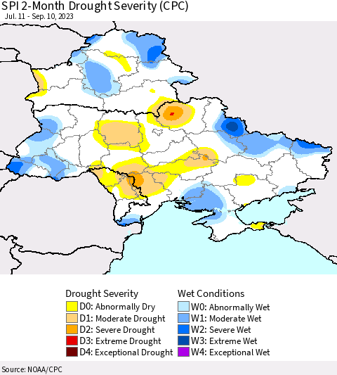 Ukraine, Moldova and Belarus SPI 2-Month Drought Severity (CPC) Thematic Map For 7/11/2023 - 9/10/2023