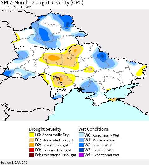 Ukraine, Moldova and Belarus SPI 2-Month Drought Severity (CPC) Thematic Map For 7/16/2023 - 9/15/2023