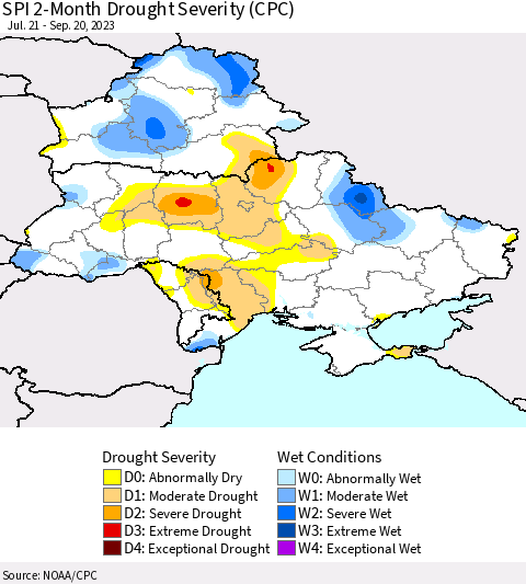 Ukraine, Moldova and Belarus SPI 2-Month Drought Severity (CPC) Thematic Map For 7/21/2023 - 9/20/2023