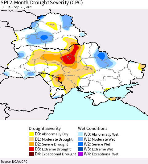 Ukraine, Moldova and Belarus SPI 2-Month Drought Severity (CPC) Thematic Map For 7/26/2023 - 9/25/2023