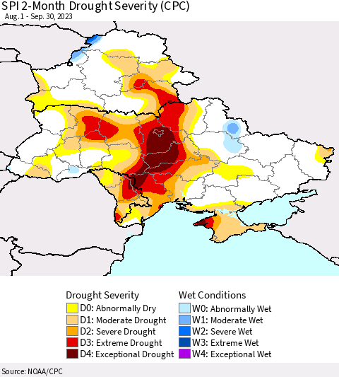 Ukraine, Moldova and Belarus SPI 2-Month Drought Severity (CPC) Thematic Map For 8/1/2023 - 9/30/2023