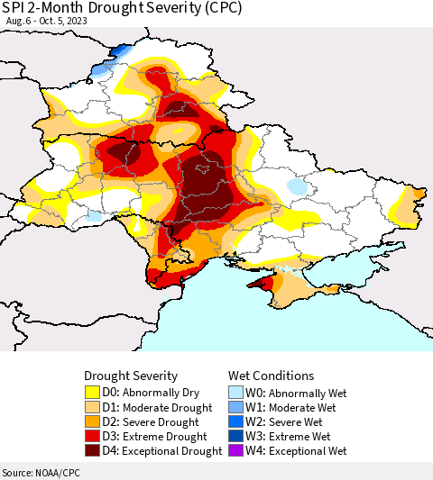 Ukraine, Moldova and Belarus SPI 2-Month Drought Severity (CPC) Thematic Map For 8/6/2023 - 10/5/2023