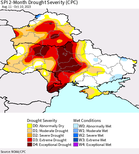 Ukraine, Moldova and Belarus SPI 2-Month Drought Severity (CPC) Thematic Map For 8/11/2023 - 10/10/2023