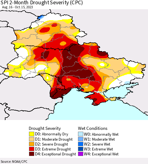 Ukraine, Moldova and Belarus SPI 2-Month Drought Severity (CPC) Thematic Map For 8/16/2023 - 10/15/2023