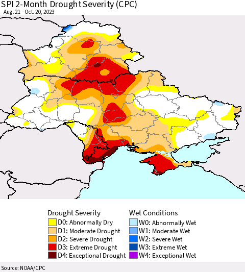 Ukraine, Moldova and Belarus SPI 2-Month Drought Severity (CPC) Thematic Map For 8/21/2023 - 10/20/2023