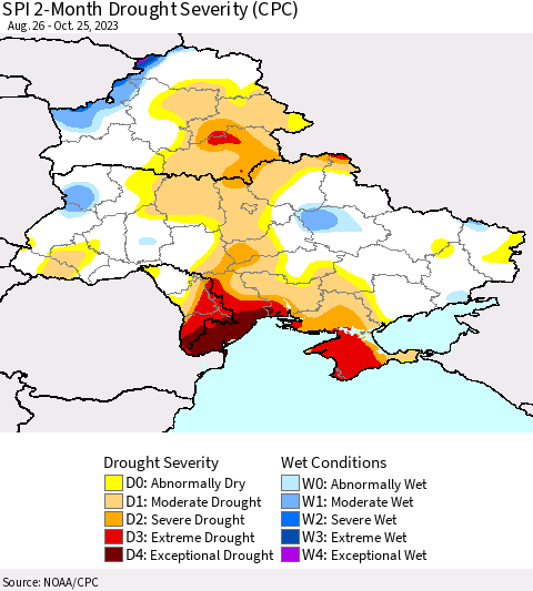 Ukraine, Moldova and Belarus SPI 2-Month Drought Severity (CPC) Thematic Map For 8/26/2023 - 10/25/2023