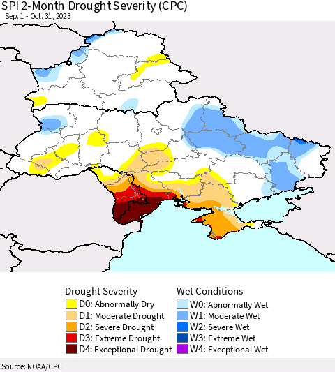 Ukraine, Moldova and Belarus SPI 2-Month Drought Severity (CPC) Thematic Map For 9/1/2023 - 10/31/2023