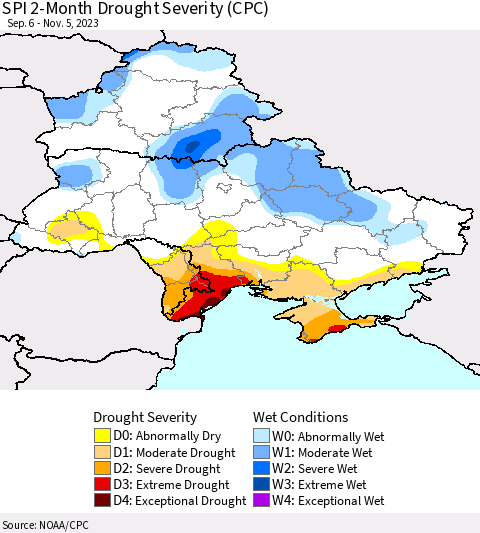 Ukraine, Moldova and Belarus SPI 2-Month Drought Severity (CPC) Thematic Map For 9/6/2023 - 11/5/2023