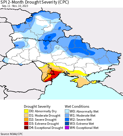 Ukraine, Moldova and Belarus SPI 2-Month Drought Severity (CPC) Thematic Map For 9/11/2023 - 11/10/2023