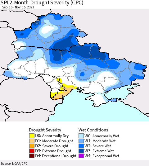 Ukraine, Moldova and Belarus SPI 2-Month Drought Severity (CPC) Thematic Map For 9/16/2023 - 11/15/2023