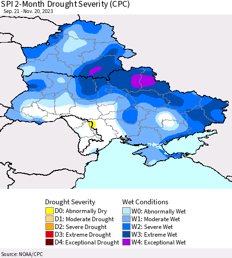 Ukraine, Moldova and Belarus SPI 2-Month Drought Severity (CPC) Thematic Map For 9/21/2023 - 11/20/2023