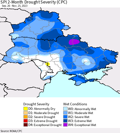 Ukraine, Moldova and Belarus SPI 2-Month Drought Severity (CPC) Thematic Map For 9/26/2023 - 11/25/2023