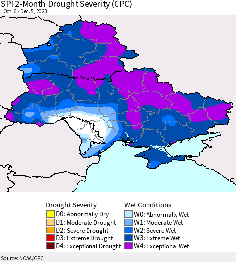 Ukraine, Moldova and Belarus SPI 2-Month Drought Severity (CPC) Thematic Map For 10/6/2023 - 12/5/2023