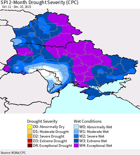 Ukraine, Moldova and Belarus SPI 2-Month Drought Severity (CPC) Thematic Map For 10/11/2023 - 12/10/2023