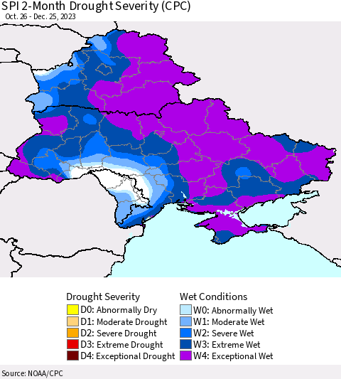 Ukraine, Moldova and Belarus SPI 2-Month Drought Severity (CPC) Thematic Map For 10/26/2023 - 12/25/2023