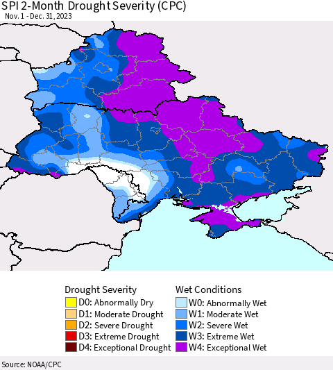 Ukraine, Moldova and Belarus SPI 2-Month Drought Severity (CPC) Thematic Map For 11/1/2023 - 12/31/2023